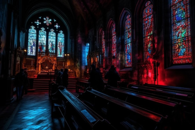 Arafed view of a church with stained glass windows and pews generative ai