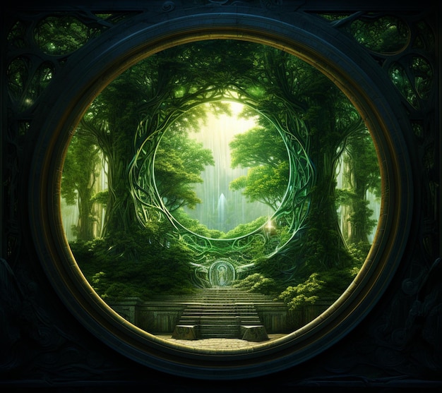 arafed view of a circular doorway in a forest with stairs generative ai