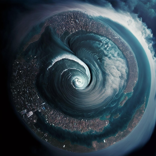 arafed view of a city from a plane of a swirling ocean generative ai