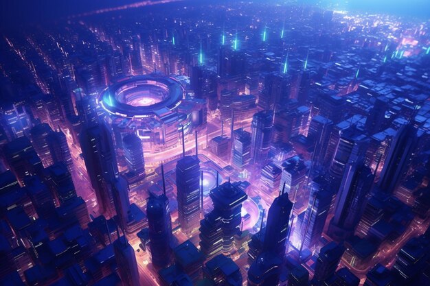 Arafed view of a city at night with a futuristic building generative ai