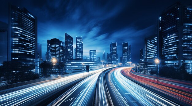 Arafed view of a city at night with a long exposure of light trails generative ai