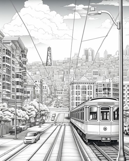 arafed view of a city street with a train on the tracks generative ai