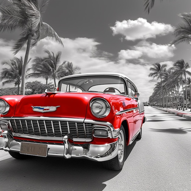 Arafed view of a classic car parked on the side of the road generative ai