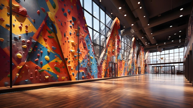 arafed view of a climbing wall in a large indoor gym Generative AI