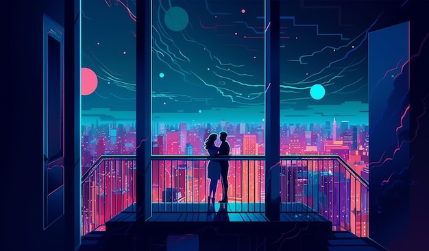 Arafed view of a couple standing on a balcony overlooking a city generative ai