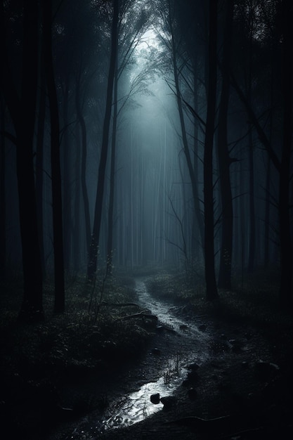 어두운 숲과 그 사이를 흐르는 하천의 아라페드 풍경
