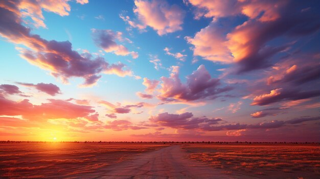 背景に夕焼けが映っている畑の砂路のアラフェッドの景色