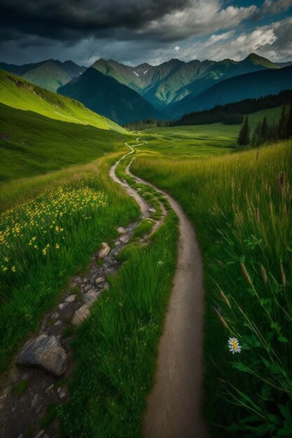 Arafed view of a dirt road in a grassy field with mountains in the background generative ai