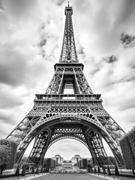 arafed view of the eiffel tower in black and white generative ai