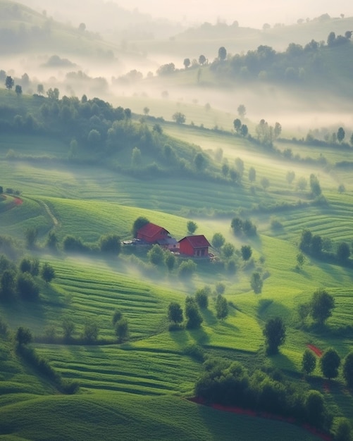 Arafed view of a farm in a green field with fog generative ai