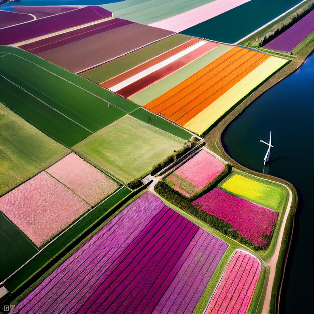 Foto veduta aerea di un campo di fiori con un aereo che lo sorvola. ai generativa