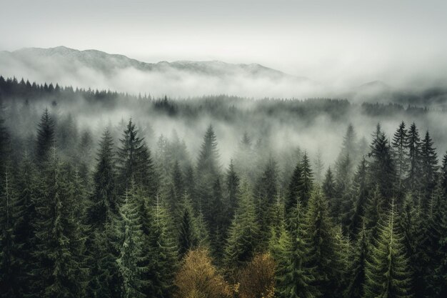 Arafed view of a forest with a foggy mountain in the background generative ai