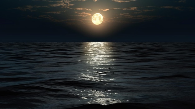 Arafed view of a full moon over the ocean with a dark sky generative ai