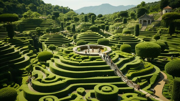 arafed view of a garden with a spiral maze and a staircase generative ai