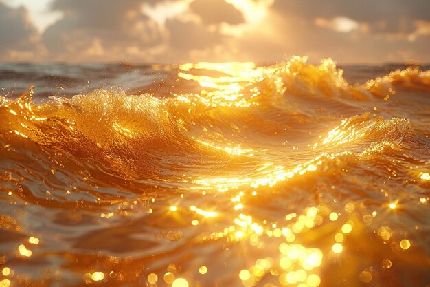 arafed view of a golden wave in the ocean at sunset generative ai