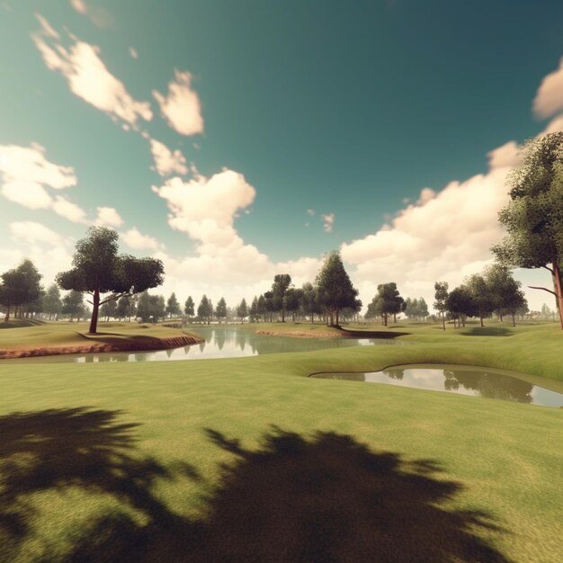 Arafed view of a golf course with a pond and trees generative ai