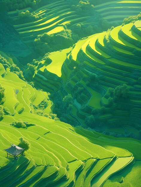 arafed view of a green field with a house in the middle generative ai