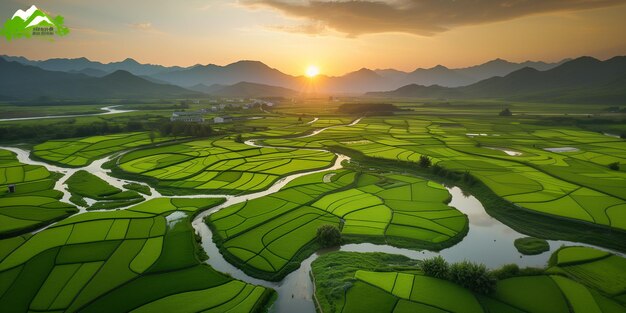 arafed view of a green field with a river and mountains in the background generative ai