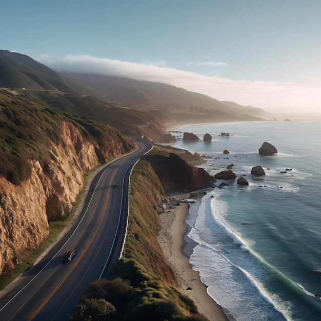 Arafed view of a highway along the coast with a car driving on it generative ai