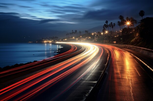 arafed view of a highway with cars driving on it at night generative ai