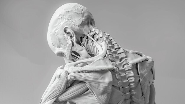 Foto vista arafed di uno scheletro umano con un grande collo e una grande mascella generativa ai