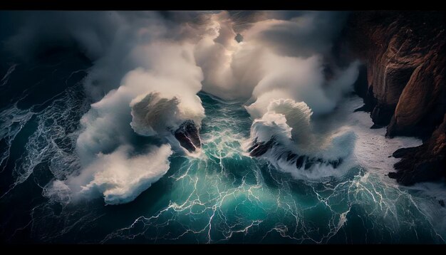 Photo arafed view of a large wave breaking over a cliff generative ai