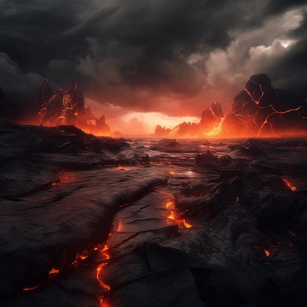 Arafed view of a lava field with lava and lava flowing down it generative ai