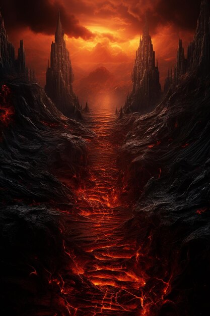 Photo arafed view of a lava mountain with a red sky generative ai