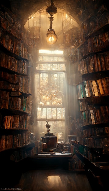 arafed view of a library with a light shining through the window generative ai