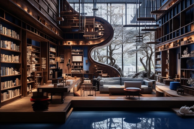 Photo arafed view of a living room with a spiral staircase and a pool generative ai