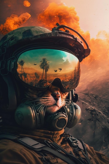 arafed view of a man in a gas mask with a cat in his mouth generative ai