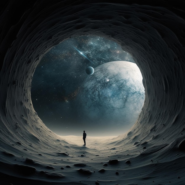 Arafed view of a man standing in a cave looking at a planet generative ai