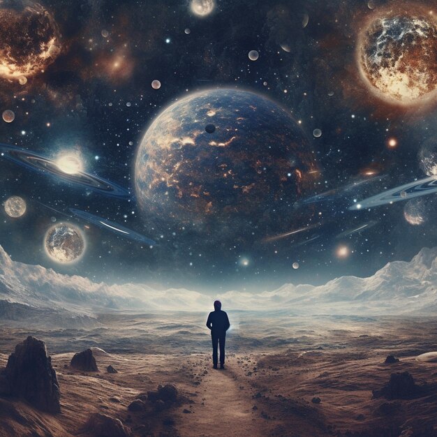 Arafed view of a man standing on a desert looking at planets generative ai