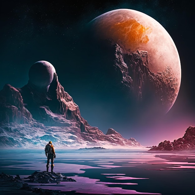 Arafed view of a man standing on a rock looking at a planet generative ai