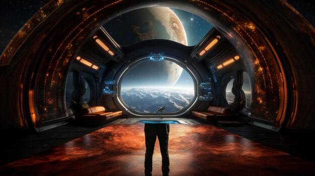 Foto vista arafed di un uomo in piedi in una stazione spaziale guardando la terra generativa ai