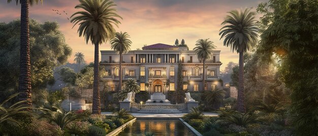 Arafed view of a mansion with a fountain and palm trees generative ai