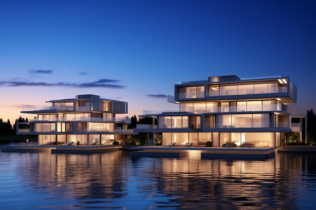 Arafed view of a modern house on a lake at dusk generative ai