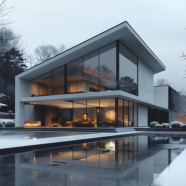 arafed view of a modern house with a pool in the foreground generative ai