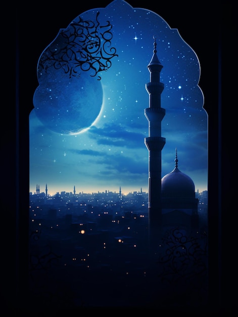 Foto vista arafed di una moschea con una mezzaluna e una luna nel cielo generativo ai
