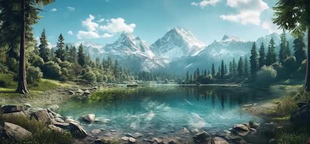 arafed view of a mountain lake with rocks and trees generative ai