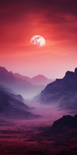 Arafed view of a mountain range with a full moon in the sky generative ai