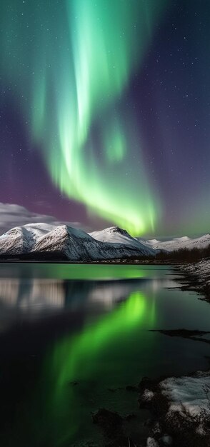 Arafed view of a mountain range with a lake and a green aurora generative ai