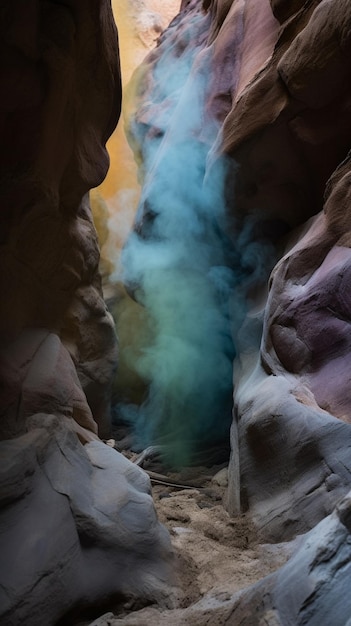 arafed view of a narrow canyon with a blue smoke coming out of it generative ai