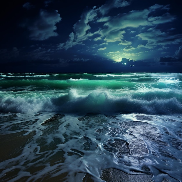 사진 파도와 보름달이 있는 해변의 아라페드 풍경