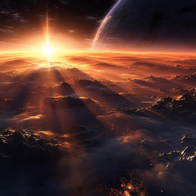 Фото Арафированный вид планеты с солнечным лучом и далеким горизонтом, генерирующий ай