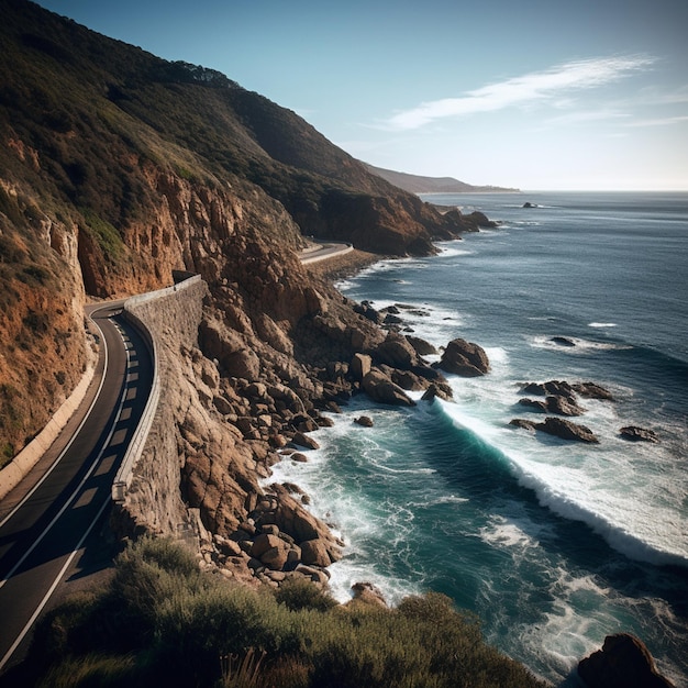 写真 海の近くの線路上の列車のアラフェドのビュー生成 ai