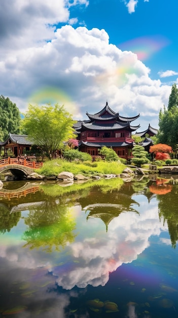 arafed view of a pagoda and a pond with a rainbow in the sky generative ai