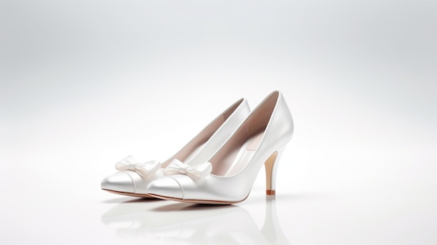 Arafed view of a pair of white high heeled shoes with a bow generative ai