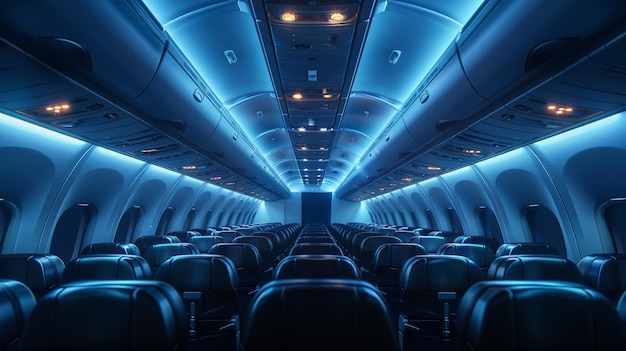 arafed view of a passenger airplane with blue lights generative ai