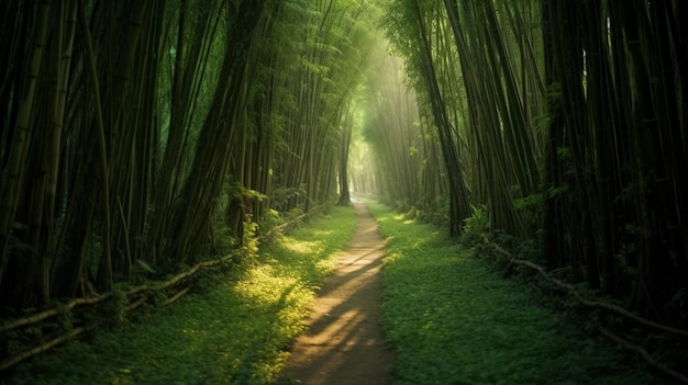 Arafed view of a path through a bamboo forest with a person walking on it generative ai